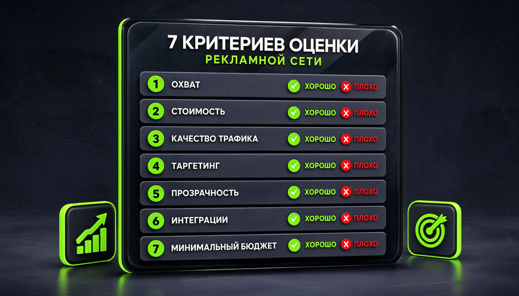 Инфографика: чек-лист оценки рекламной сети по 7 критериям с индикаторами хорошо и плохо