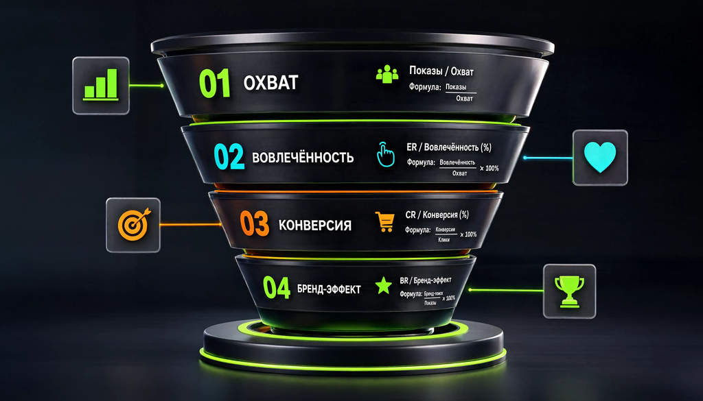 Схема воронки метрик эффективности рекламной кампании: охват, вовлечённость, конверсия, бренд-эффект с указанием метрик и формул на каждом уровне