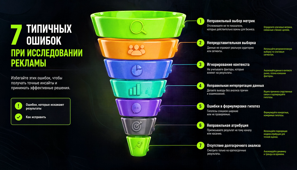 Инфографика: 7 типичных ошибок при исследовании рекламы с признаками и способами исправления
