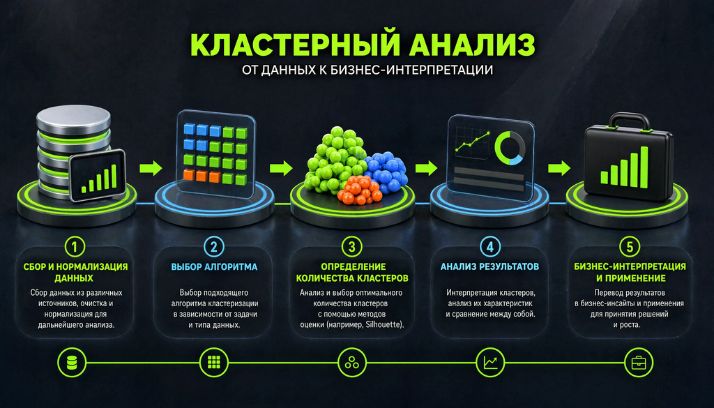 Step-by-step cluster analysis process from data collection to business interpretation