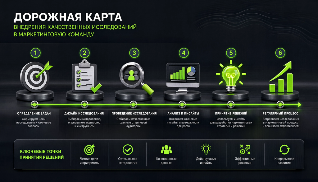 Infographic: Roadmap for implementing qualitative research in marketing team, 6 stages from task definition to regular process with timeline and decision points