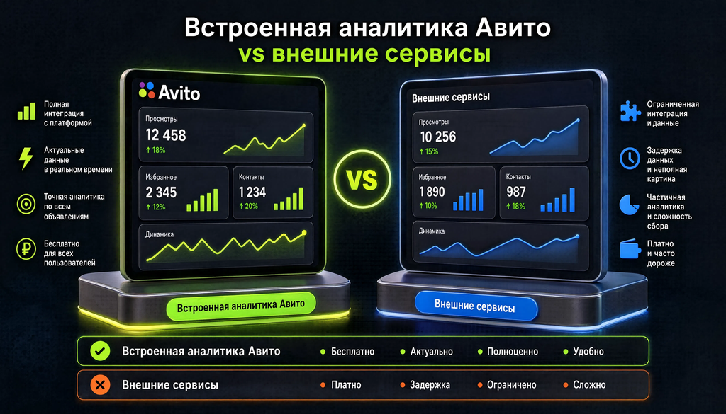 Сравнение встроенной аналитики Авито и внешних сервисов по возможностям и стоимости