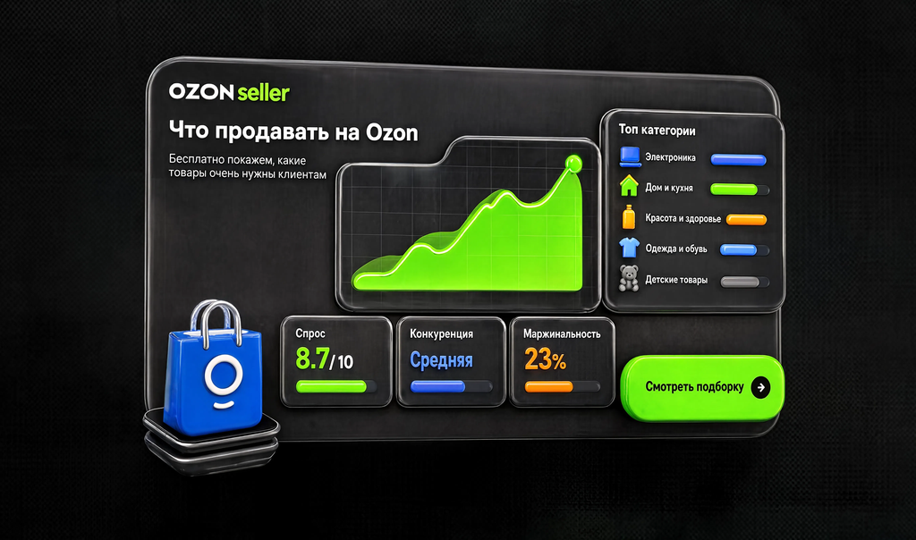 Интерфейс раздела &laquo;Что продавать на Ozon&raquo; &mdash; графики, таблицы, ключевые метрики. Помогает понять, где искать данные и как выглядит инструмент.