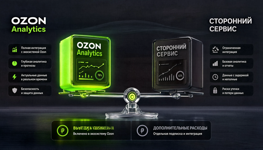Сравнение встроенной аналитики Ozon и сторонних сервисов по возможностям и стоимости. Помогает выбрать подходящий инструмент без долгого изучения каждого.