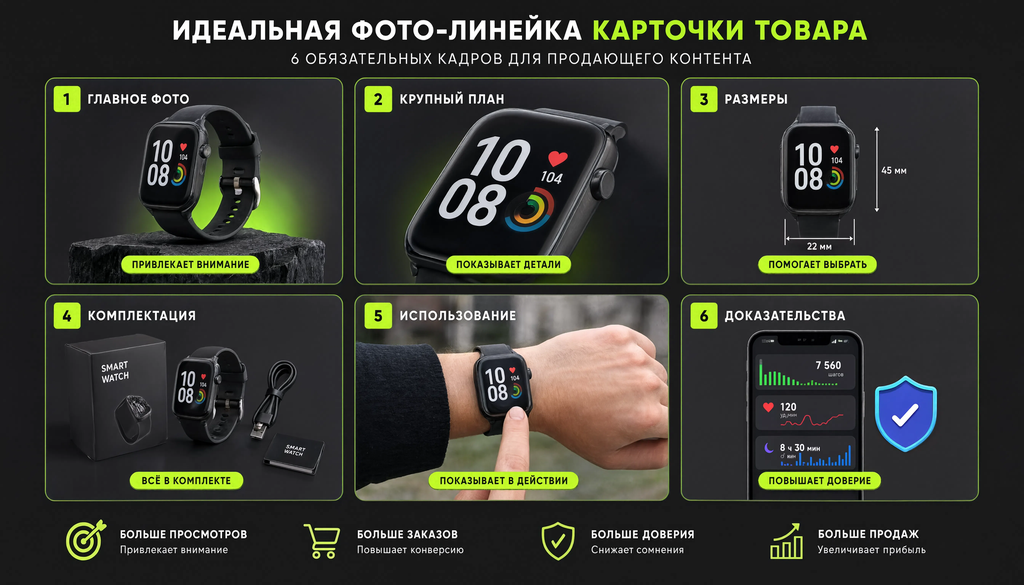 Инфографика структуры идеальной фото-линейки карточки товара на Ozon: 6 обязательных кадров