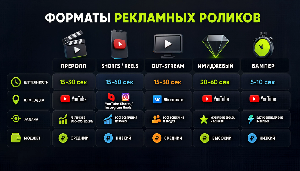 Сравнение форматов рекламных роликов: преролл, Shorts/Reels, out-stream, имиджевый, бампер