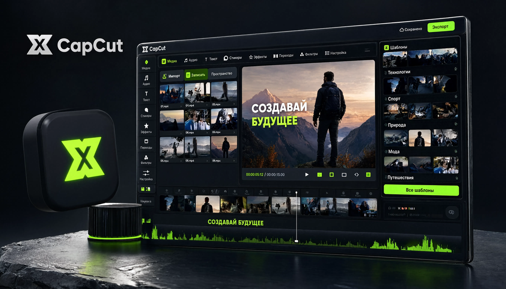 Интерфейс CapCut для создания рекламных роликов с таймлайном, инструментами и шаблонами, доступный без навыков
