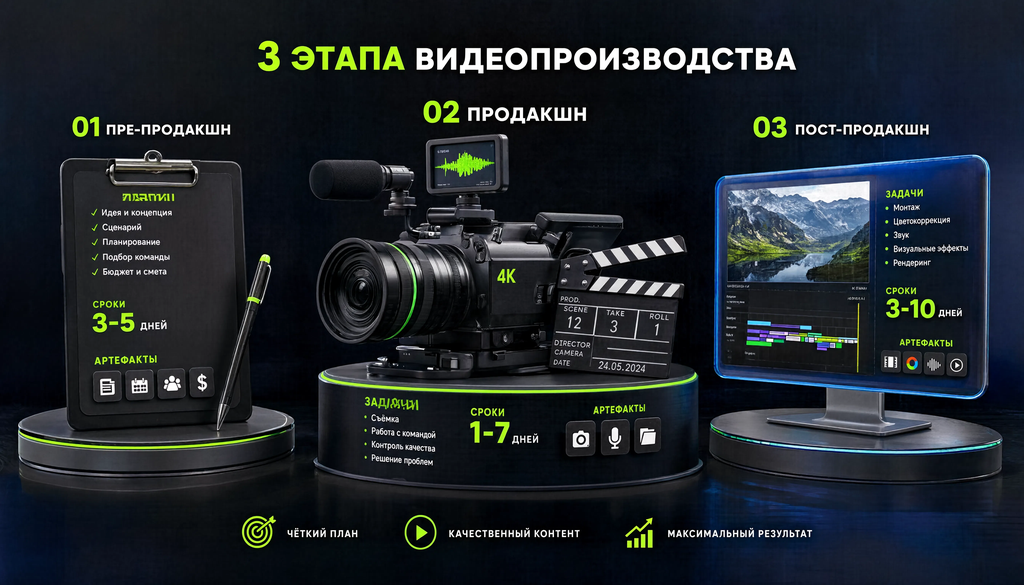Схема трех этапов видеопроизводства: пре-продакшн, продакшн, пост-продакшн, с указанием задач, сроков и артефактов каждого этапа. Превращает абстрактный процесс в понятную последовательность с временными рамками.