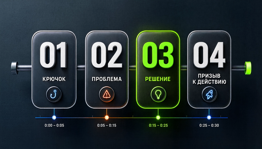 Инфографика структуры промо-ролика с этапами: крючок (0-5 сек), проблема (5-10 сек), решение (10-20 сек), призыв к действию (20-30 сек) и примерами кадров