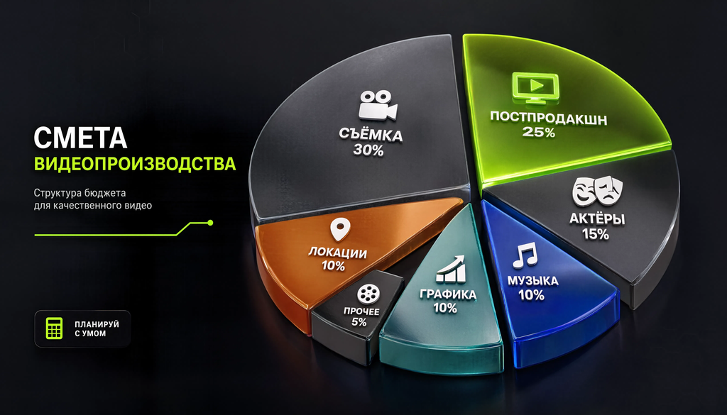 Инфографика структуры сметы видеопроизводства с долями бюджета по статьям: съёмка, постпродакшн, актёры, локации, графика, музыка, прочее