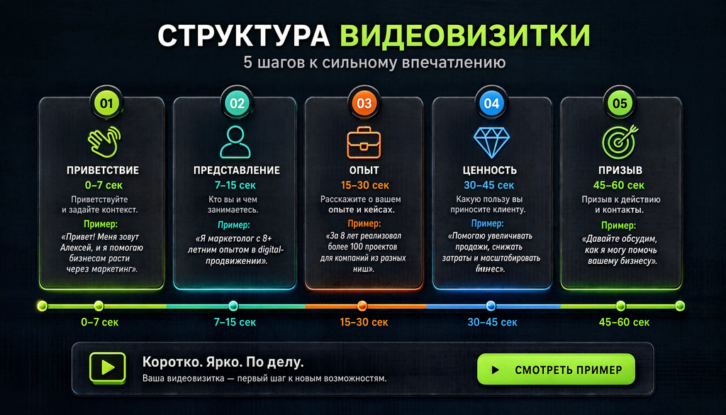Инфографика структуры видеовизитки: приветствие (0-7 сек), представление (7-15 сек), опыт (15-30 сек), ценность (30-45 сек), призыв (45-60 сек) с примерами текста