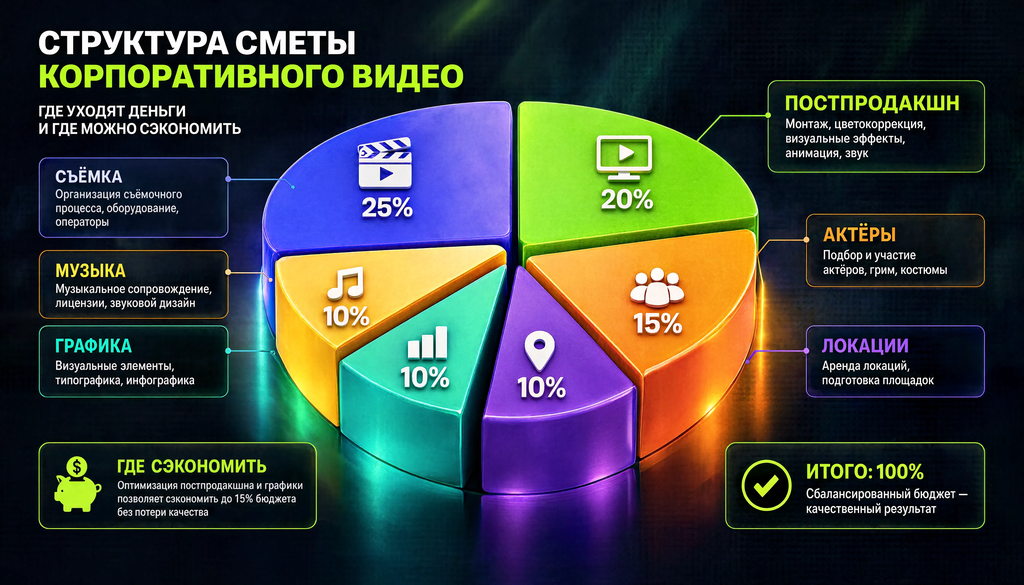 Инфографика структуры сметы корпоративного видео: доли бюджета по статьям съёмка, постпродакшн, актёры, локации, графика, музыка.