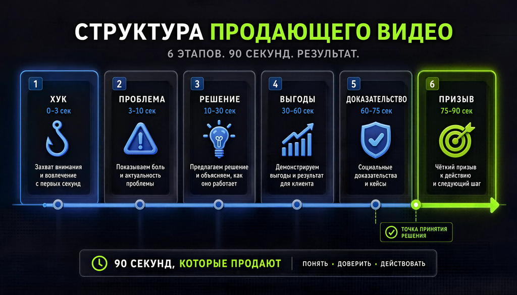 Инфографика структуры продающего видео с описанием блоков от хука до призыва