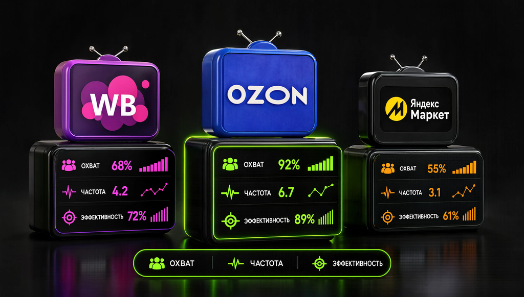 Сравнительная иллюстрация ТВ-рекламы e-commerce: Wildberries, Ozon, Яндекс Маркет &mdash; по охвату, частоте и эффективности.