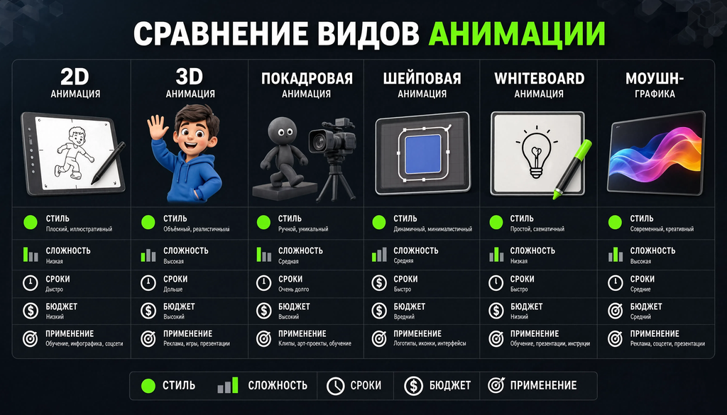 Сравнение видов анимации: 2D, 3D, покадровая, шейповая, whiteboard, моушн-графика по стилю, сложности, срокам, бюджету и сферам применения.
