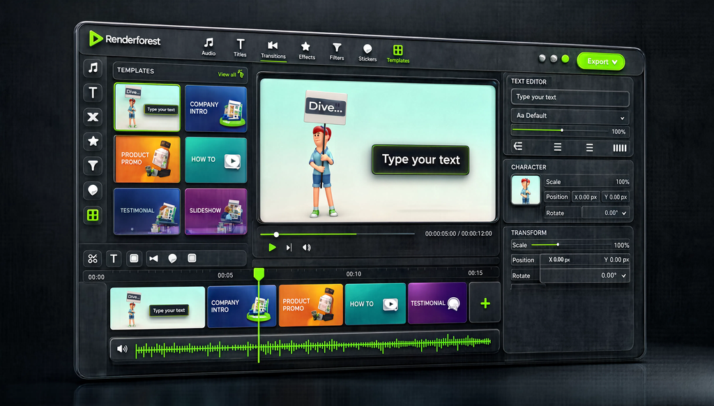 Screenshot of Renderforest online animation constructor interface showing template library, timeline, and editing tools for text and characters, indicating accessible animation creation.