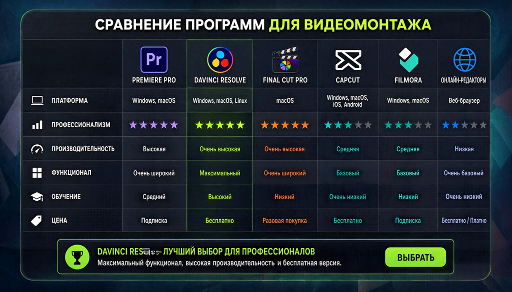 Сравнительная таблица программ для монтажа: Premiere Pro, DaVinci Resolve, Final Cut Pro, CapCut, Filmora и онлайн-редакторы по уровню, стоимости, платформе и возможностям.