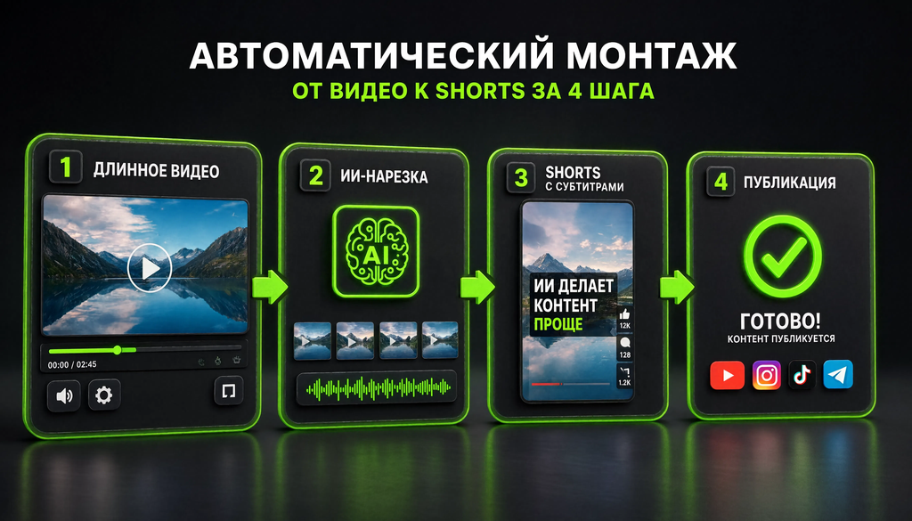 Схема работы автоматического монтажа: длинное видео, ИИ-нарезка, Shorts с субтитрами, публикация. Экономия времени на монтаже.