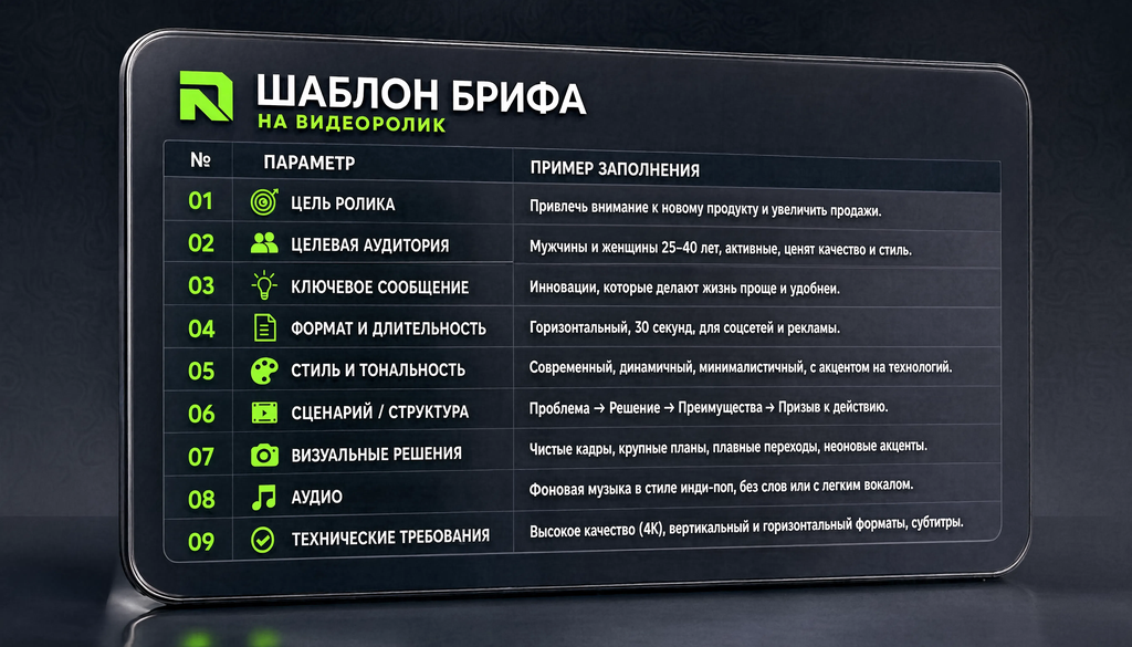 Шаблон брифа на видеоролик в виде таблицы с 9 полями и примерами заполнения