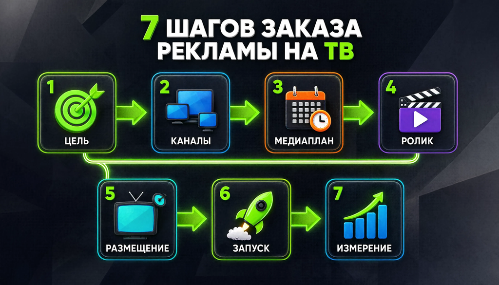 Схема: как заказать рекламу на ТВ в 7 шагов &mdash; цель, каналы, медиаплан, ролик, размещение, запуск, измерение