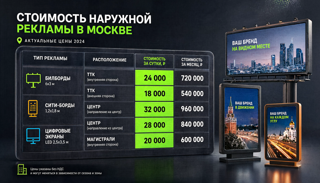 Стоимость наружной рекламы в Москве: билборды, сити-борды, цифровые экраны &mdash; по расположению.