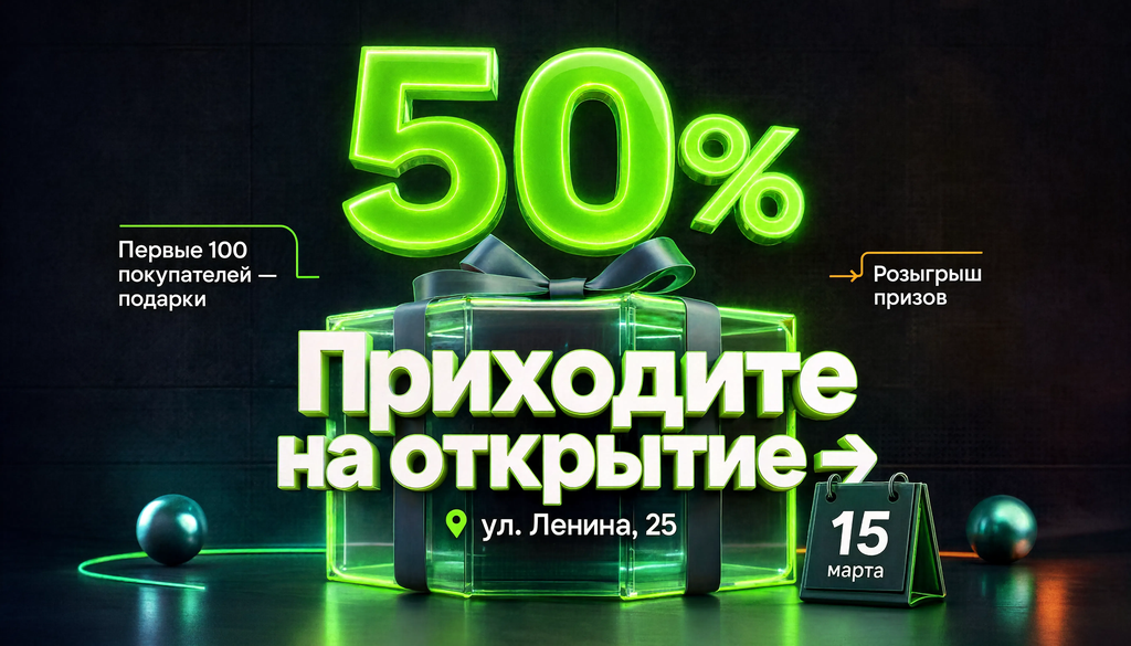 Открытие магазина скидка 50% подарки 15 марта
