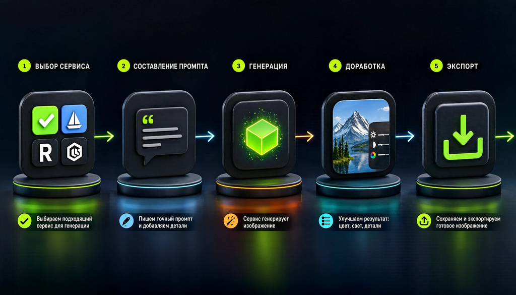 Infographic showing five steps from idea to finished image: choose service, write prompt, generate, refine, export