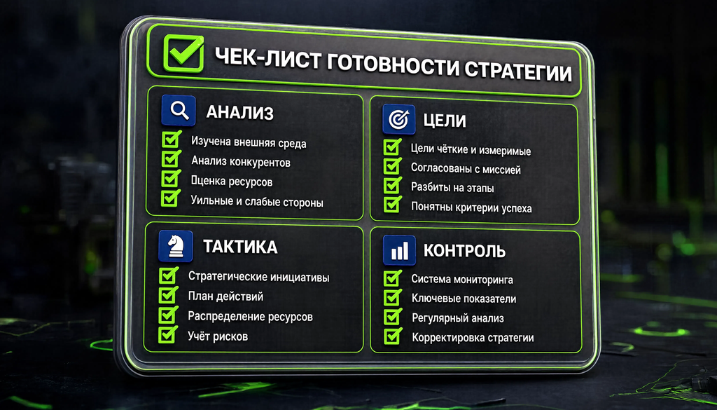 Чек-лист готовности стратегии: анализ, цели, тактика, контроль - визуальный список для самопроверки перед запуском.