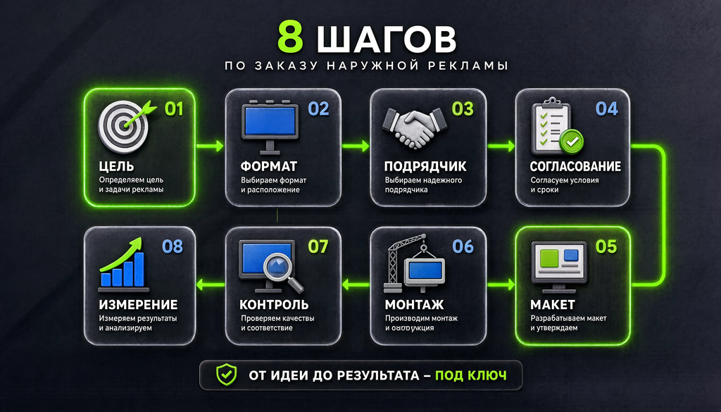 Схема 8 шагов заказа наружной рекламы: цель, формат, подрядчик, согласование, макет, монтаж, контроль, измерение