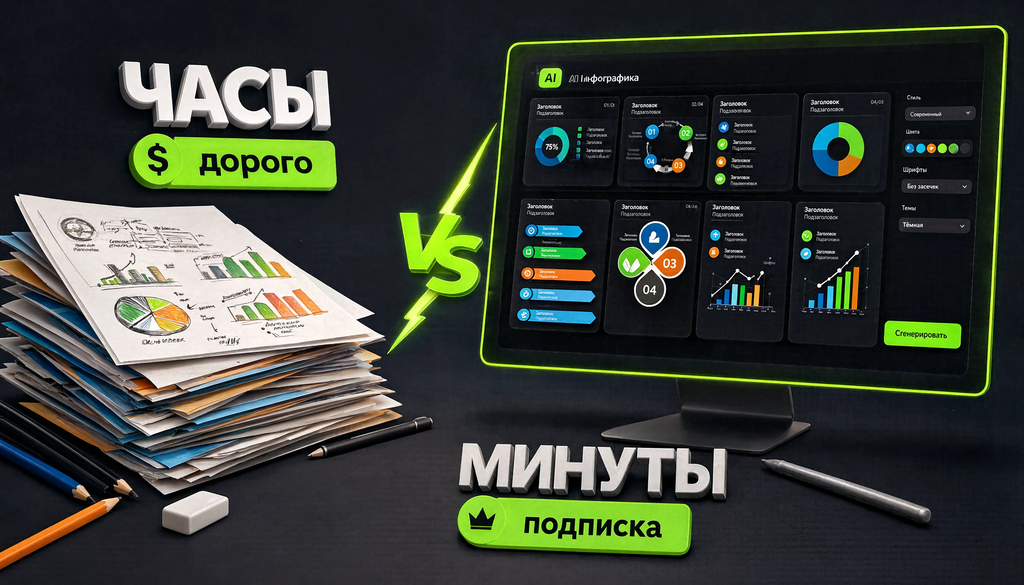 Сравнение инфографики, созданной вручную и с помощью ИИ: время, стоимость, гибкость, масштабируемость