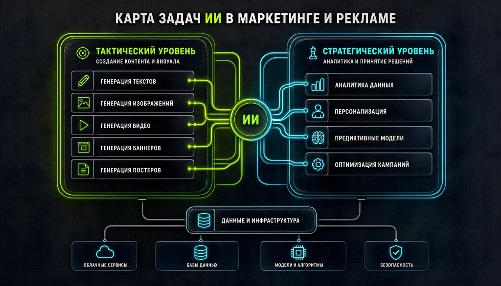 Diagram of AI tasks in marketing and advertising showing tactical and strategic levels with connections