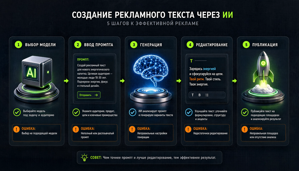 Инфографика процесса создания рекламного текста через ИИ в 5 шагов: выбор модели, промпт с маркетинговой моделью, генерация, редактирование, публикация