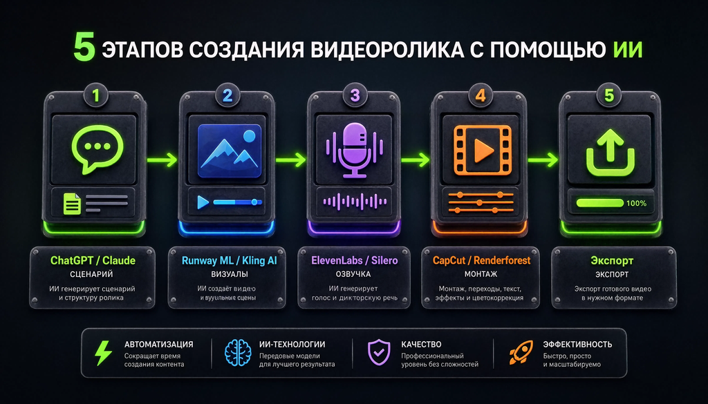 Схема пайплайна создания видеоролика с помощью ИИ: 5 этапов &mdash; сценарий, визуалы, озвучка, монтаж, эxпорт, под каждым этапом указаны инструменты и краткое описание задачи.
