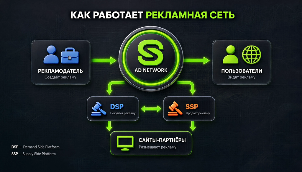 Инфографика: как работает рекламная сеть - рекламодатель, DSP/SSP, сайты-партнёры, пользователи.