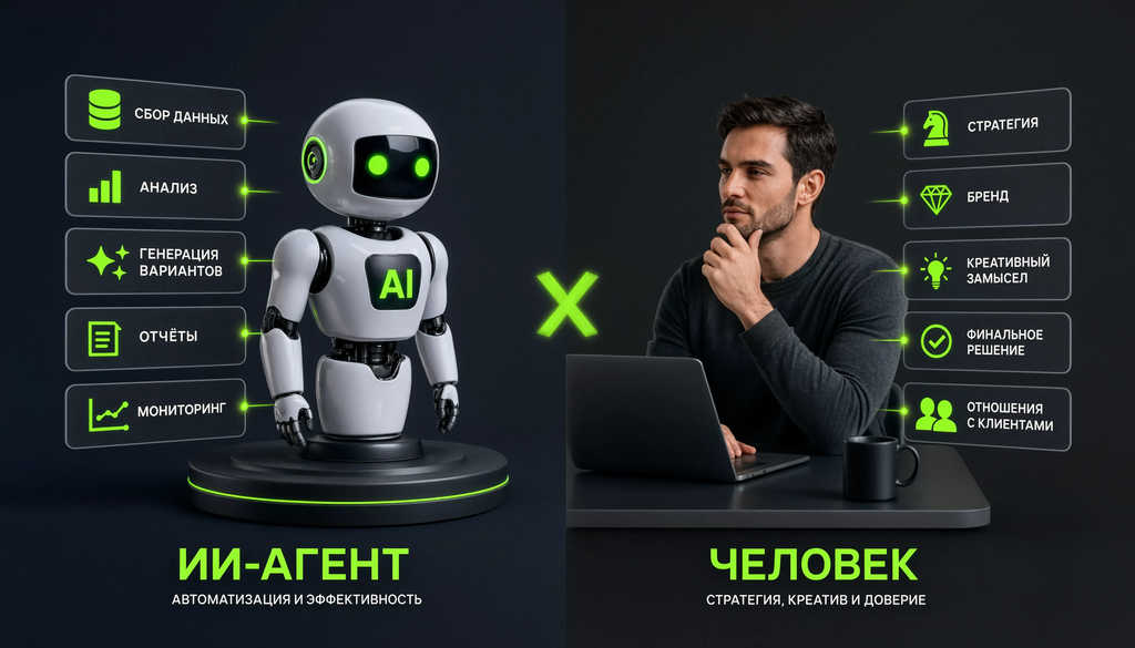 Инфографика разделения задач между ИИ-агентом и человеком: агент автоматизирует сбор данных, анализ, генерацию и отчеты, человек управляет стратегией, брендом, креативом и финальными решениями
