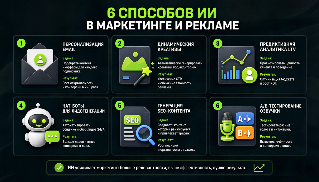 Инфографика с 6 примерами использования ИИ в маркетинге и рекламе: персонализация email, динамические креативы, предиктивная аналитика LTV, чат-боты для лидогенерации, генерация SEO-контента, A/B-тестирование озвучки