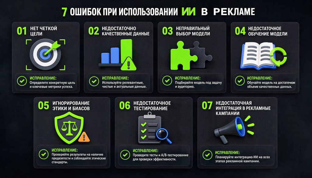 Инфографика о 7 типичных ошибках при использовании ИИ в рекламе с примерами и способами исправления