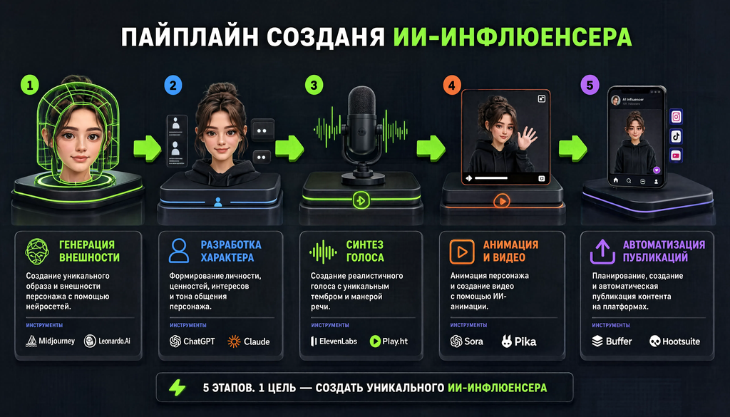 Схема пайплайна создания ИИ-инфлюенсера из пяти этапов с инструментами и описаниями