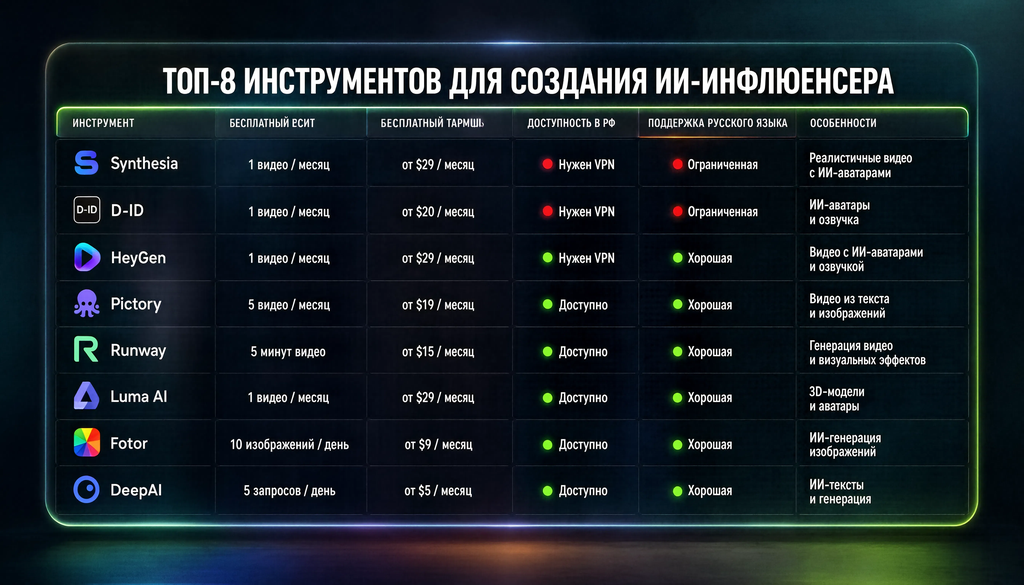 Сравнительная таблица инструментов для создания ИИ-инфлюенсера: категория, название, бесплатный лимит, платный тариф, доступность в РФ, поддержка русского языка
