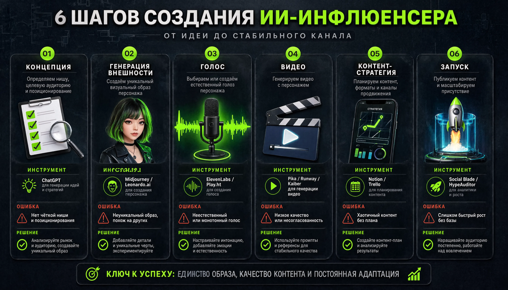 Инфографика: 6 шагов создания ИИ-инфлюенсера &mdash; от концепции до запуска, с инструментами и типичными ошибками.