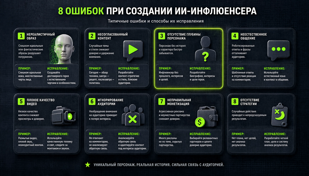 Infographic showing eight common mistakes when creating an AI influencer, with error descriptions, examples, and corrections, each with an icon.