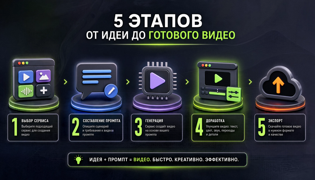 Инфографика: пять шагов от идеи до готового видео — выбор сервиса, составление промпта, генерация, доработка, экспорт