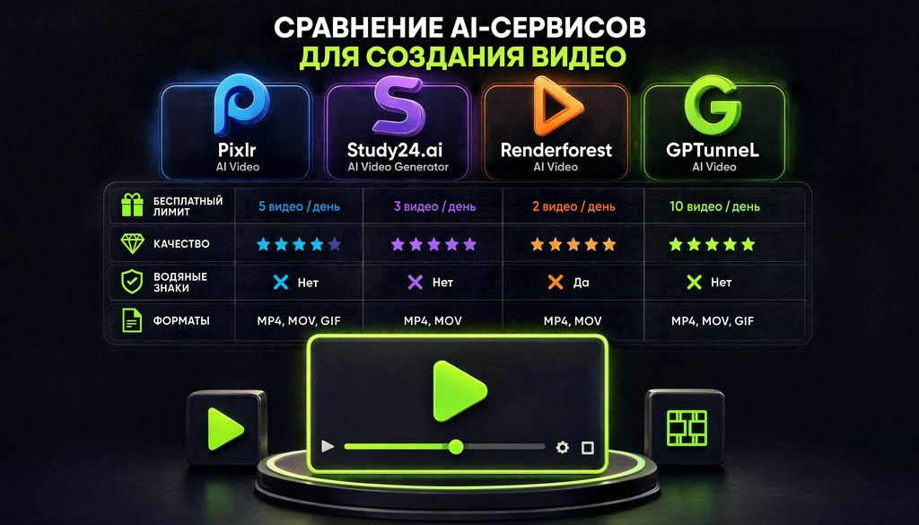 Сравнение бесплатных и платных AI-сервисов для создания видео: Pixlr, Study24.ai, Renderforest, GPTunneL по параметрам: бесплатный лимит, качество, водяные знаки, форматы