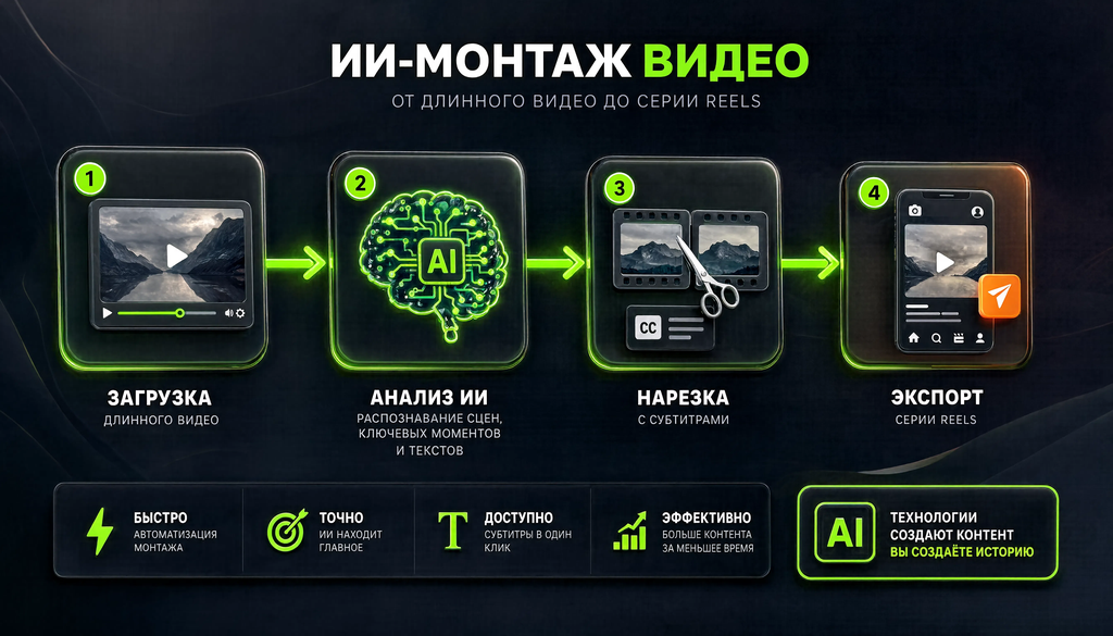 Infographic showing AI video editing workflow: upload, AI analysis, edit with subtitles, export Reels