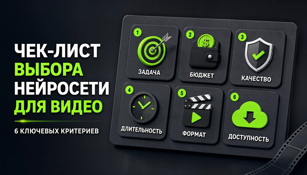 Чек-лист выбора нейросети для видео: шесть ключевых критериев — задача, бюджет, качество, длительность, формат, доступность