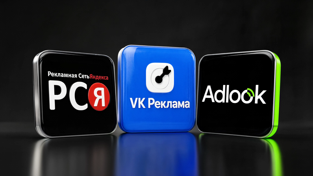 Сравнительная иллюстрация рекламных платформ в России: РСЯ, VK Реклама, Adlook &mdash; по охвату, форматам, бюджету.