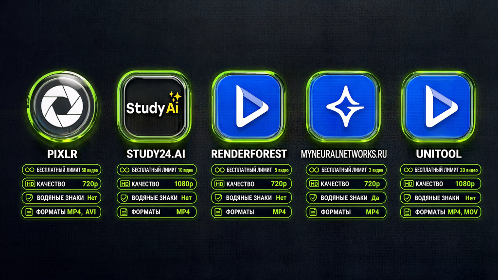 Сравнение бесплатных сервисов для создания видео из фото: Pixlr, Study24.ai, Renderforest, myneuralnetworks.ru, Unitool по параметрам лимита, качества, водяных знаков и форматов