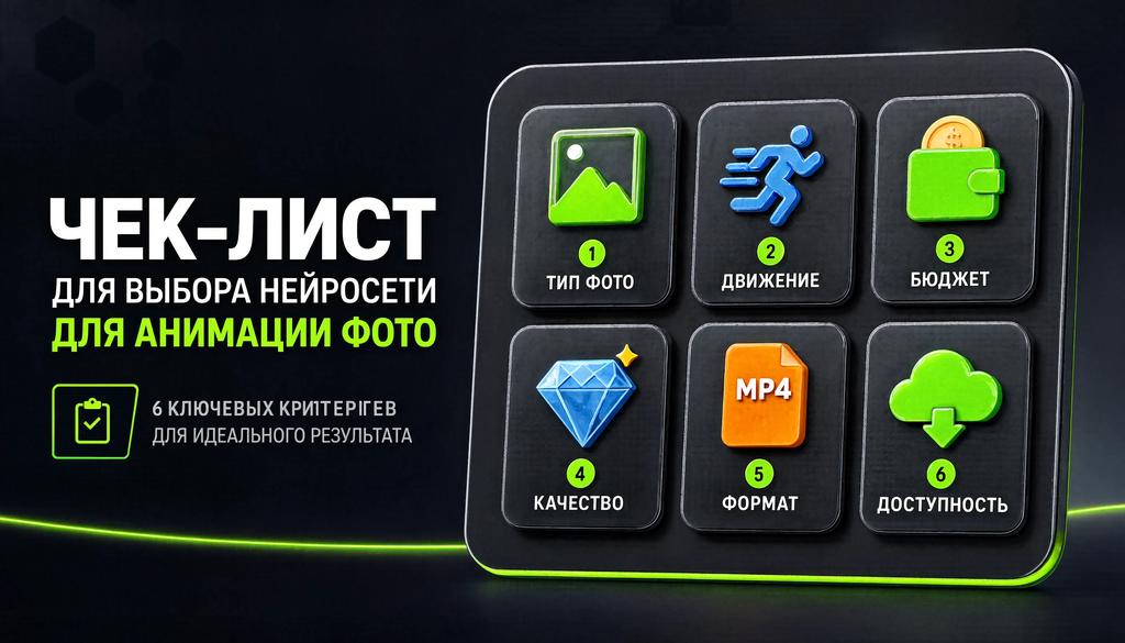 Чек-лист выбора нейросети для видео из фото: шесть ключевых критериев с иконками