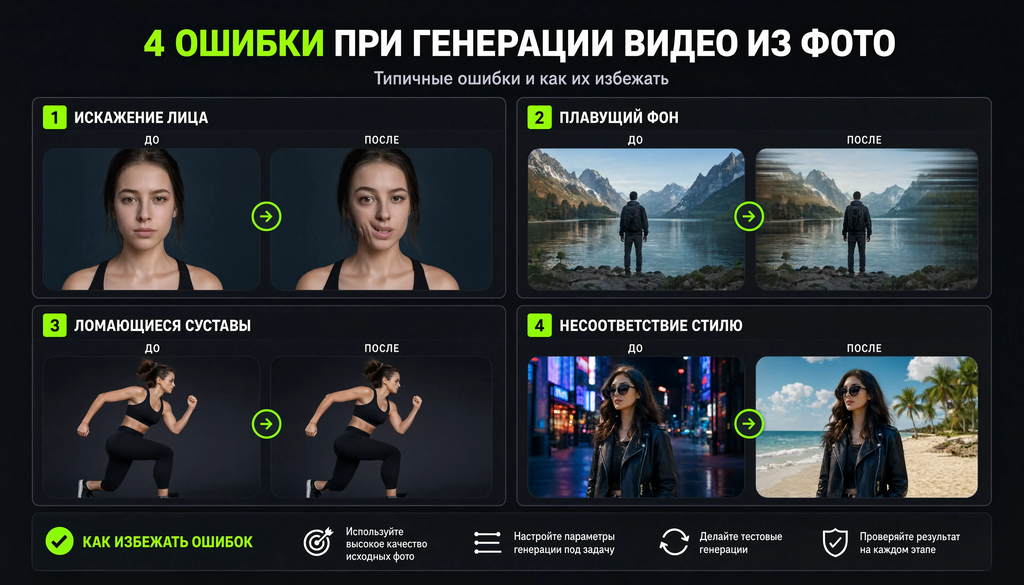 Четыре типичные ошибки при генерации видео из фото и их исправление: искажение лица, плывущий фон, ломающиеся суставы, несоответствие стилю &mdash; в формате до/после