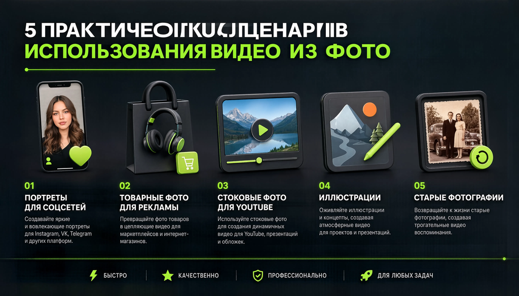 Инфографика: пять практических сценариев использования видео из фото: портреты для соцсетей, товарные фото для рекламы, стоковые фото для YouTube, иллюстрации, старые фотографии